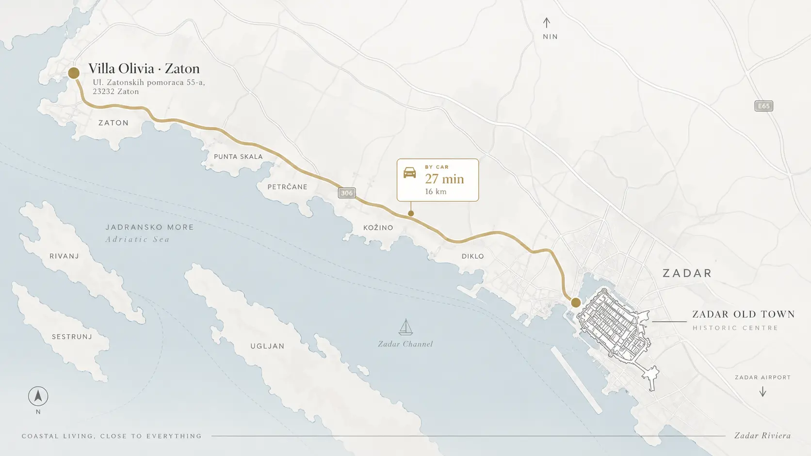 Map showing the drive from Villa Olivia in Zaton to Zadar Old Town